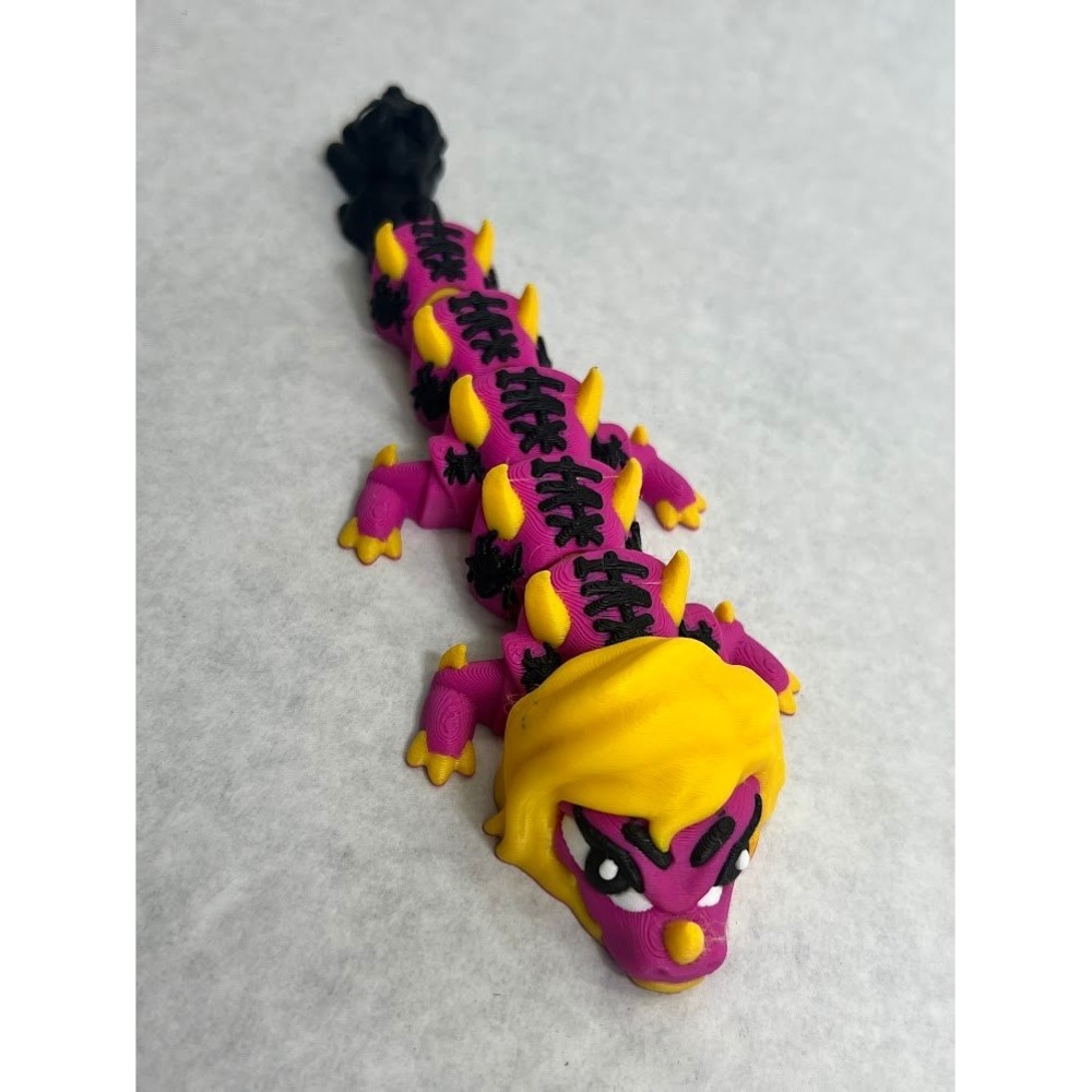 3D Printed Articulated Salem Sister Dragon Toy Magenta Yellow Black Cat Tail